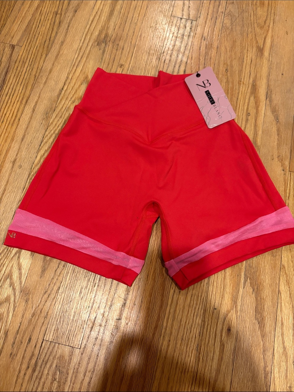 Noire Blanc Biker‎ Shorts Womens Small Red NWT Crossover Waist Mesh Stripe